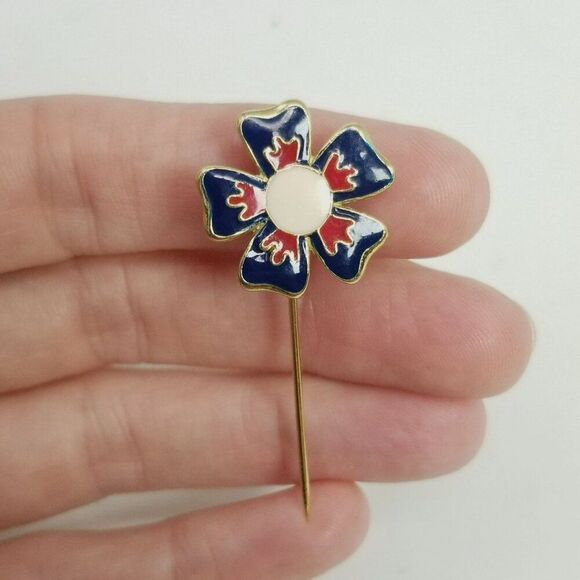 Vintage Red White Blue Enamel Flower Stick Pin, Floral Brooch, Estate - Picture 8 of 8